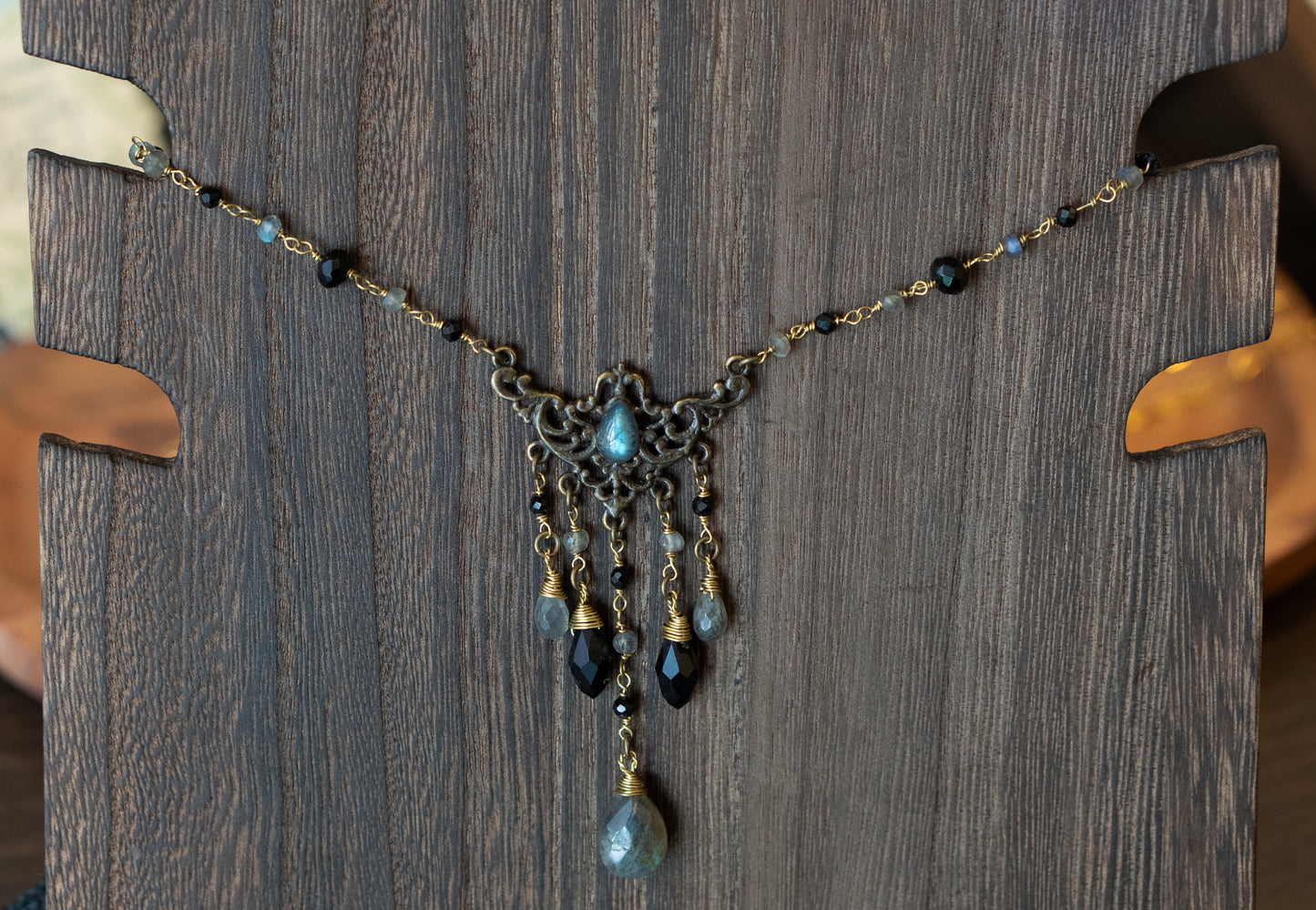 Art Nouveau Gothic Labradorite & Onyx Necklace