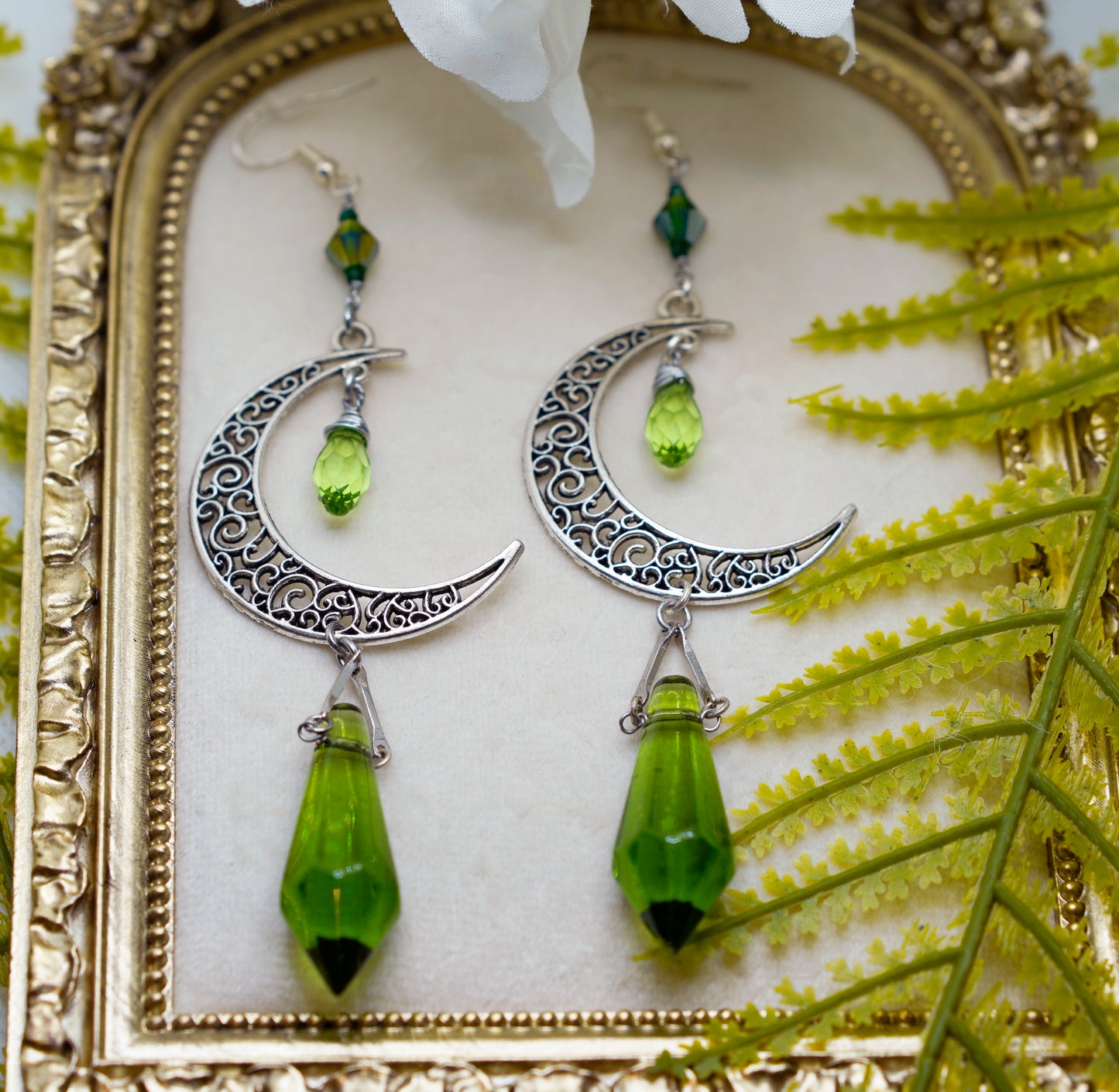 Green Prism Crescent Moon Earrings