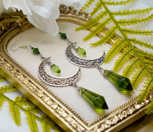 Green Prism Crescent Moon Earrings