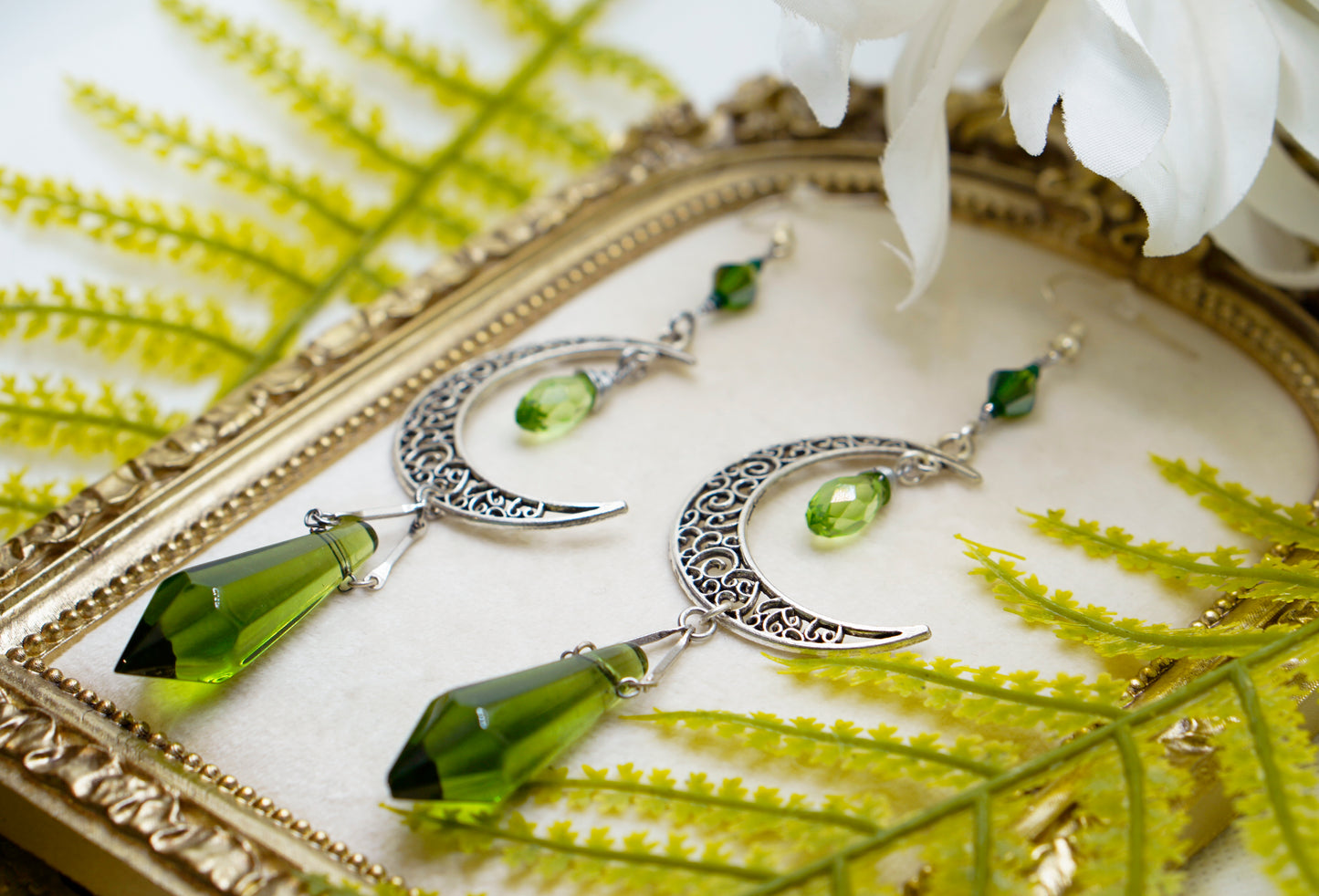 Green Prism Crescent Moon Earrings