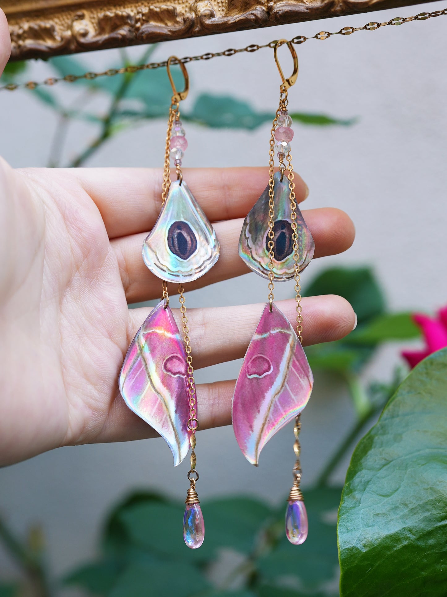 Holographic Pink Moth Fae Gold Earrings