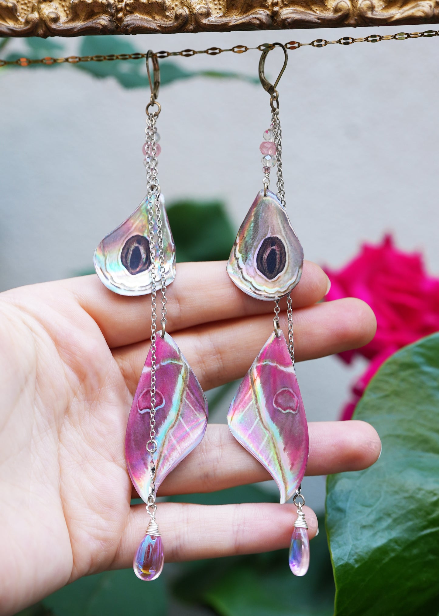 Holographic Pink Moth Fae Silver  Earrings