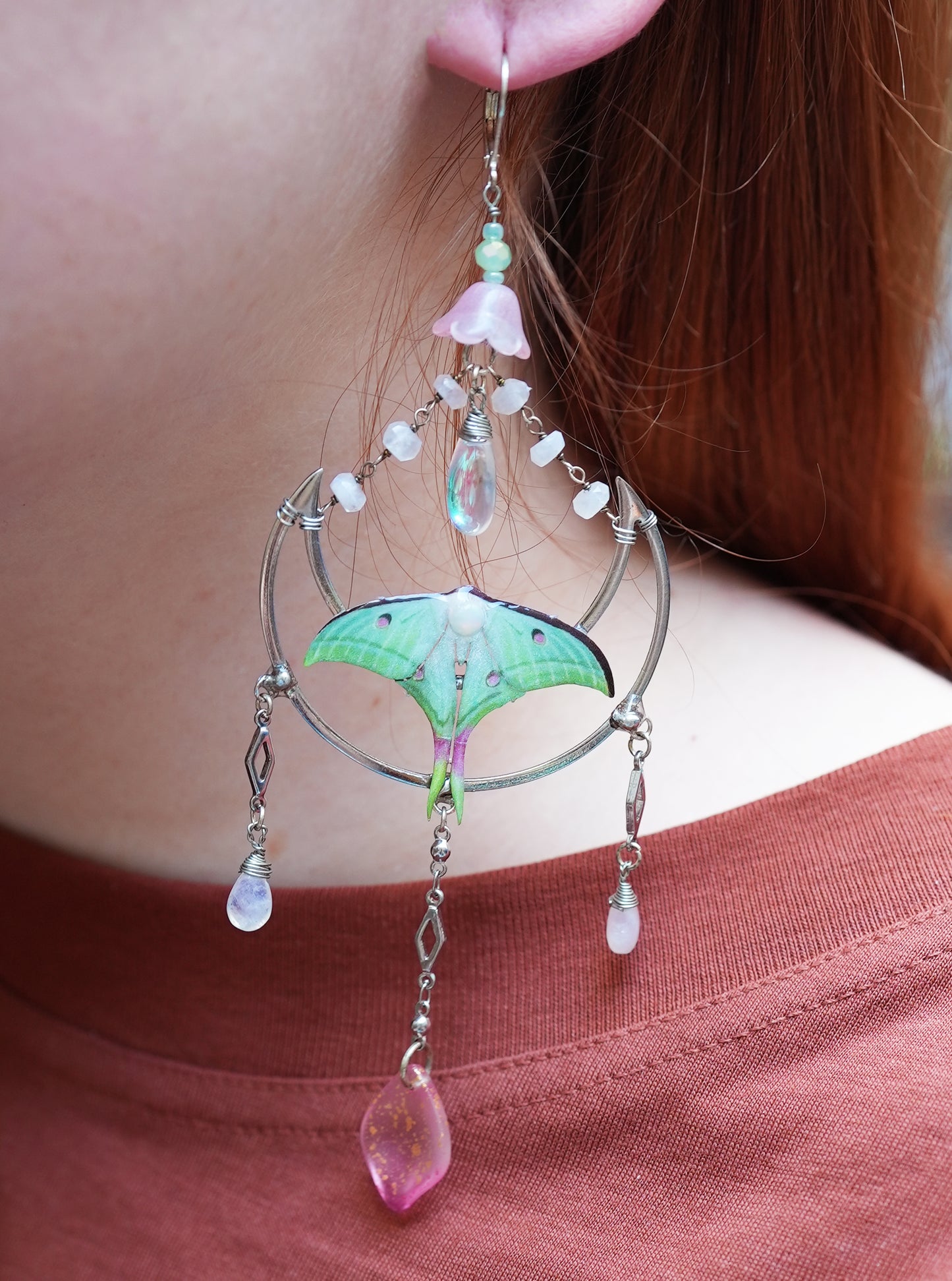 Crescent Moon Luna Moth Earrings