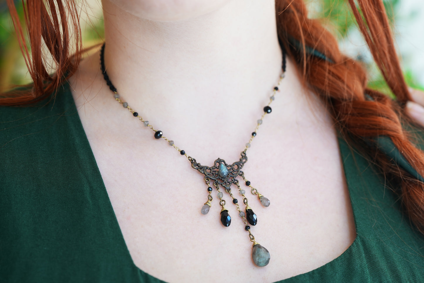 Art Nouveau Gothic Labradorite & Onyx Necklace