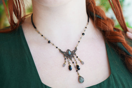 Art Nouveau Gothic Labradorite & Onyx Necklace