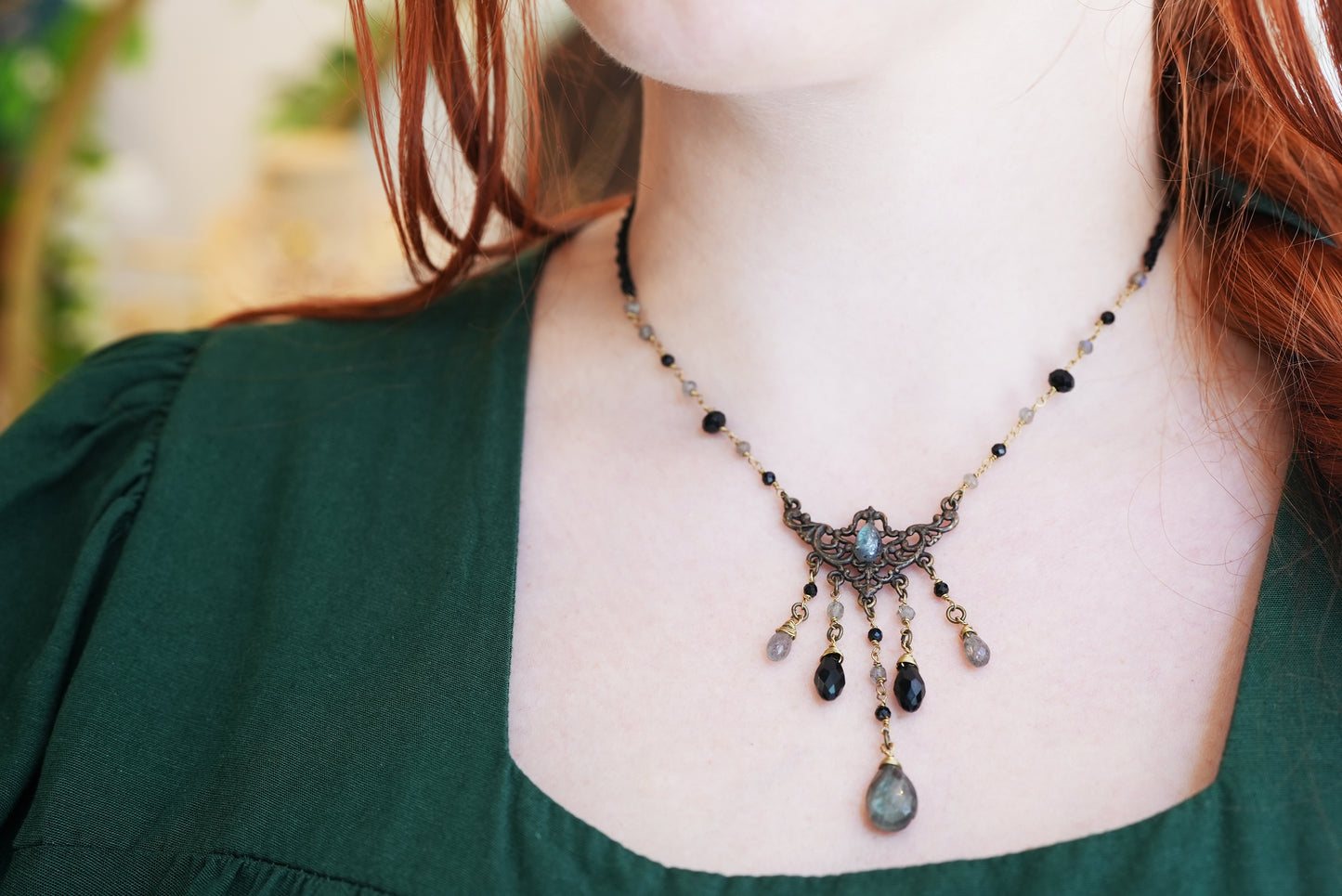 Art Nouveau Gothic Labradorite & Onyx Necklace