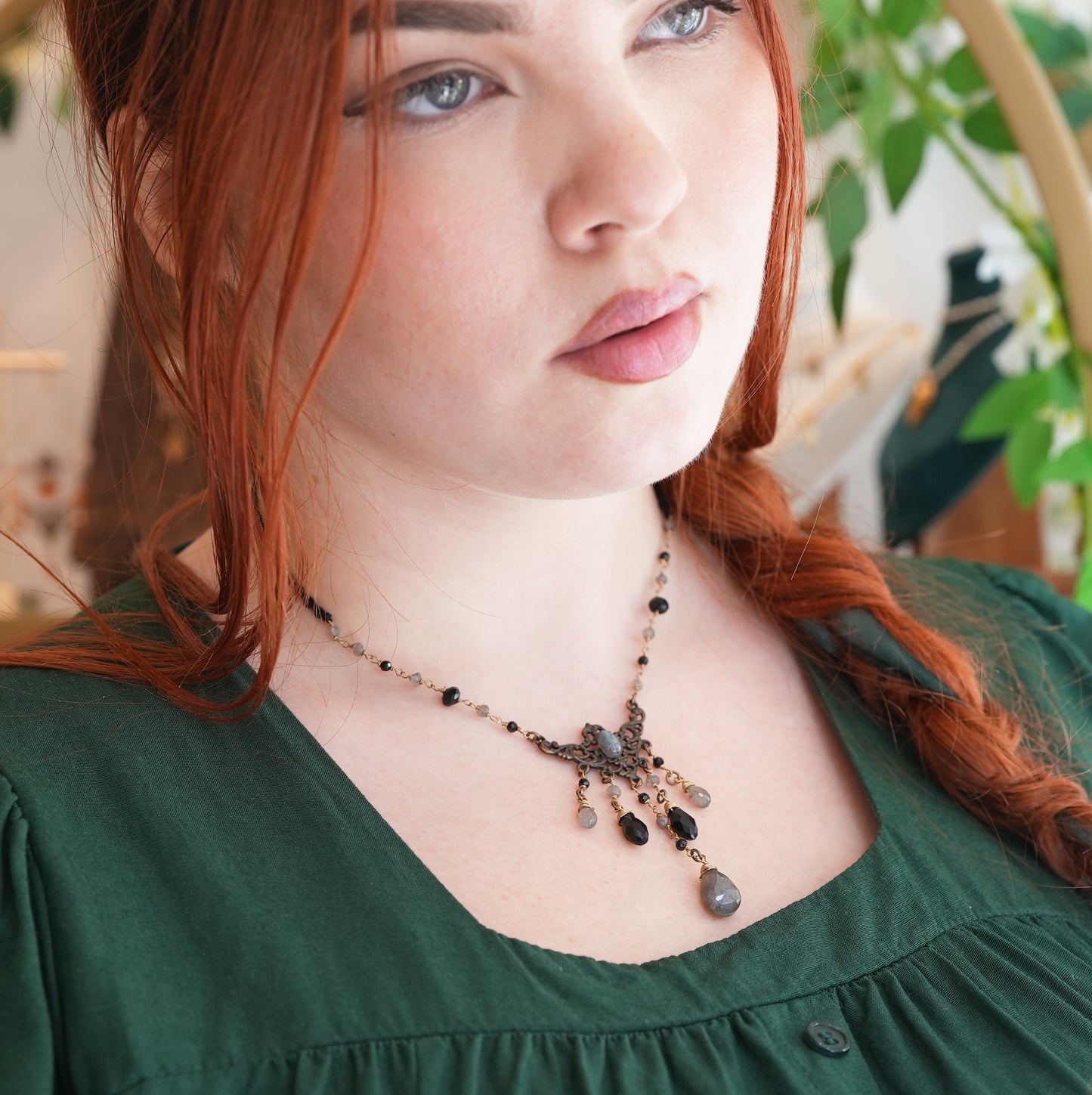 Art Nouveau Gothic Labradorite & Onyx Necklace