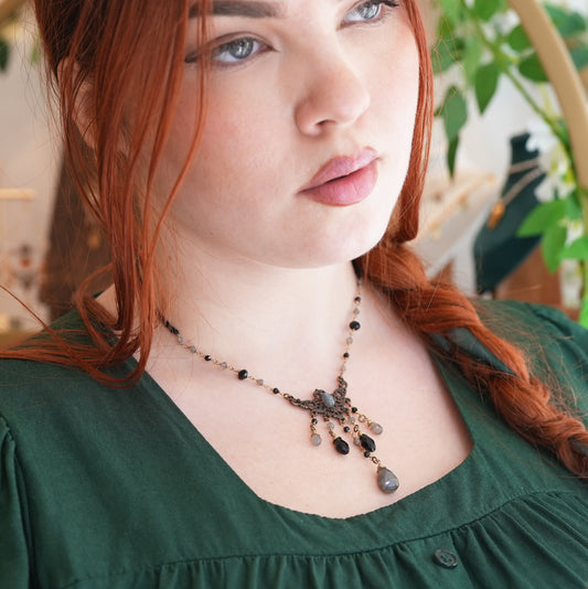 Art Nouveau Gothic Labradorite & Onyx Necklace