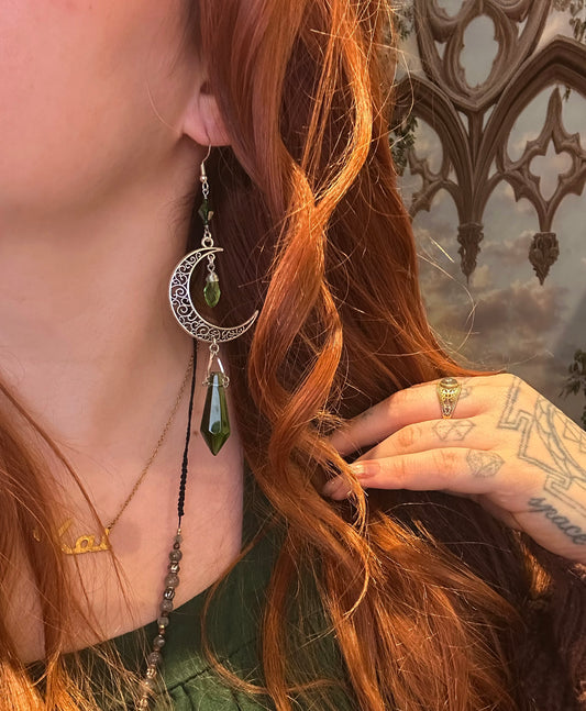 Green Prism Crescent Moon Earrings